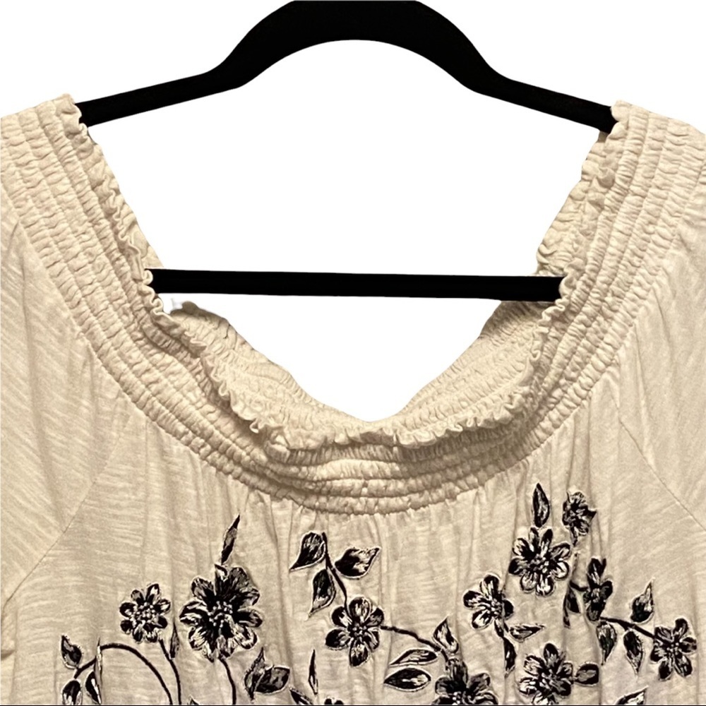 A By Anthropologie WHITE Off Shoulder Black Floral Embroidered Cottagecore Top - Picture 3 of 11